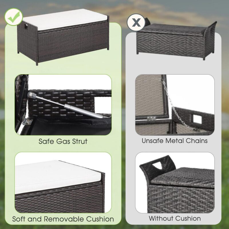 Gymax 34 Gallon Outdoor Storage Patio Bench Patio Wicker Deck Box w/ Off White Cushion - Image 6