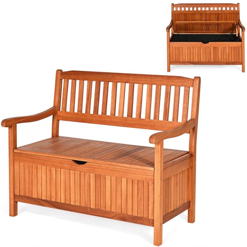 Gymax 42'' Storage Bench Deck Box Solid Wood Seating Container Tools Toys W/Backrest - Image 4