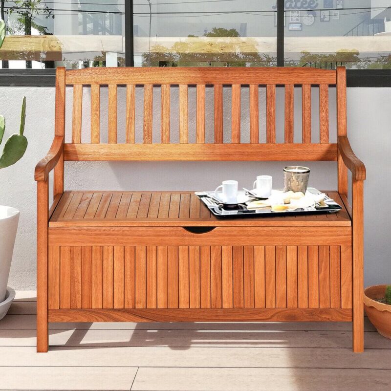 Gymax 42'' Storage Bench Deck Box Solid Wood Seating Container Tools Toys W/Backrest - Image 2