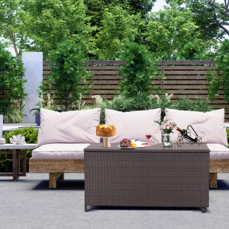 Gymax 50 Gallon Patio PE Wicker Storage Box Rattan Deck Bin w/ Waterproof Liner and Wheels - Image 3