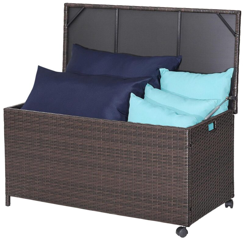 Gymax 50 Gallon Patio PE Wicker Storage Box Rattan Deck Bin w/ Waterproof Liner and Wheels - Image 10