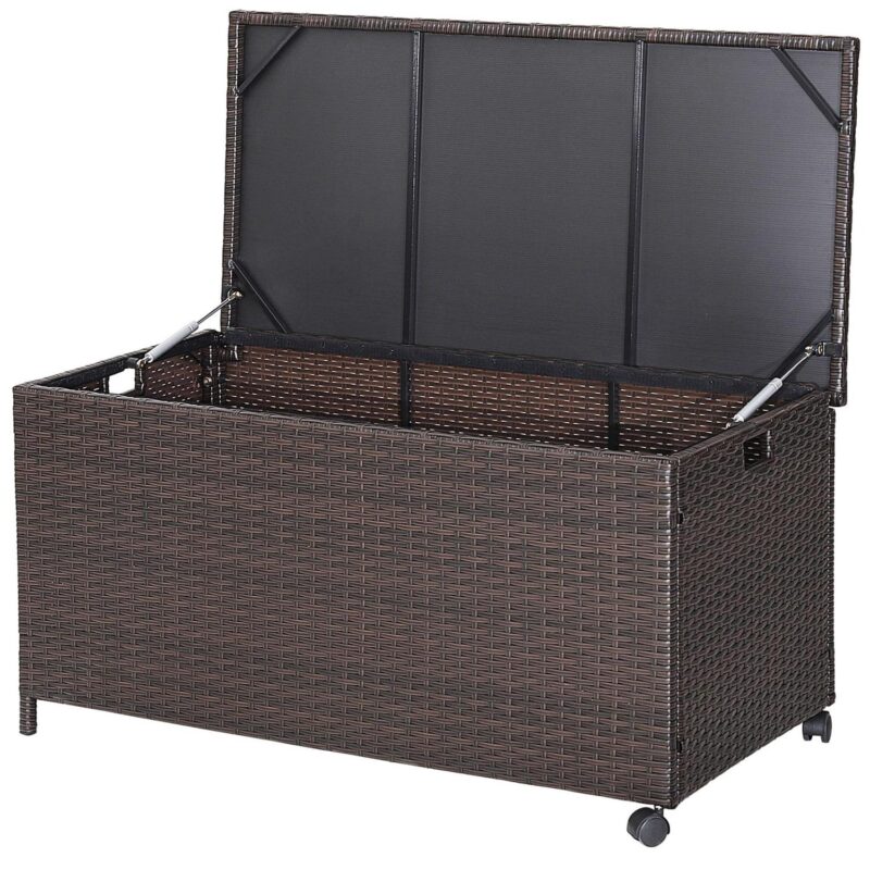 Gymax 50 Gallon Patio PE Wicker Storage Box Rattan Deck Bin w/ Waterproof Liner and Wheels - Image 9