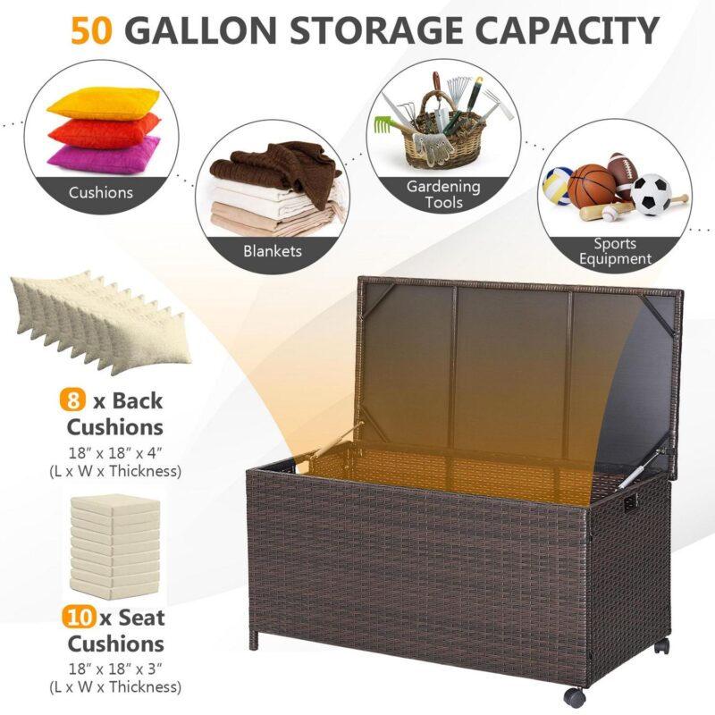 Gymax 50 Gallon Patio PE Wicker Storage Box Rattan Deck Bin w/ Waterproof Liner and Wheels - Image 4