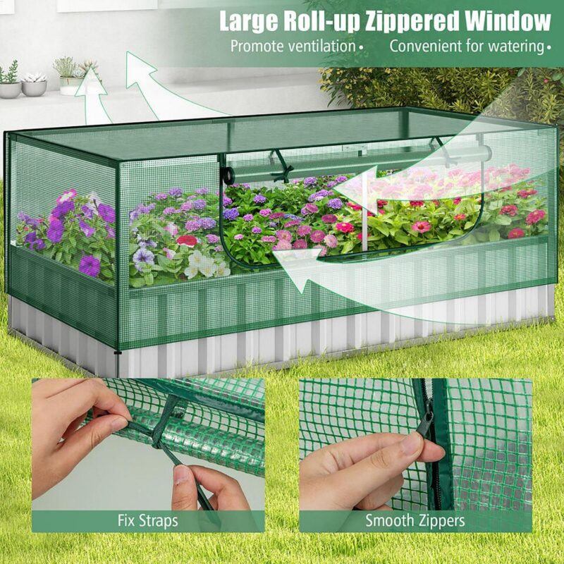 Gymax 69'' x 36'' x 28'' Galvanized Raised Garden Bed w/ Cover Roll-up Window Greenhouse - Image 6