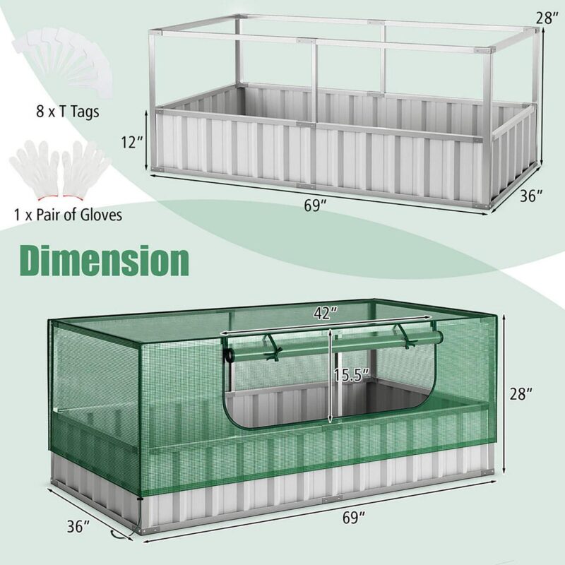 Gymax 69'' x 36'' x 28'' Galvanized Raised Garden Bed w/ Cover Roll-up Window Greenhouse - Image 3
