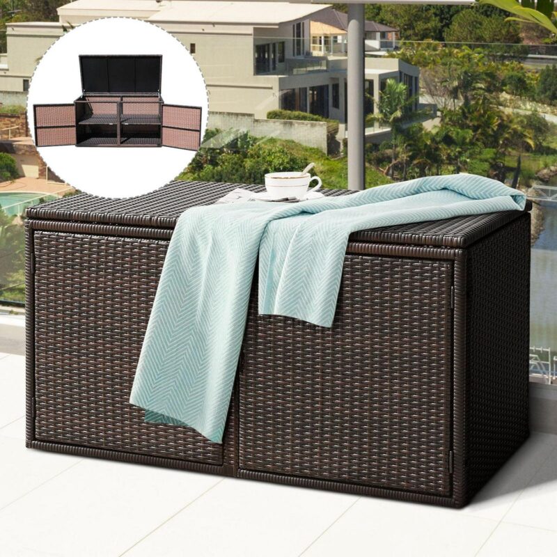 Gymax 88 Outdoor Gallon Rattan Storage Box Patio Container Seat w/ Door Brown - Image 3