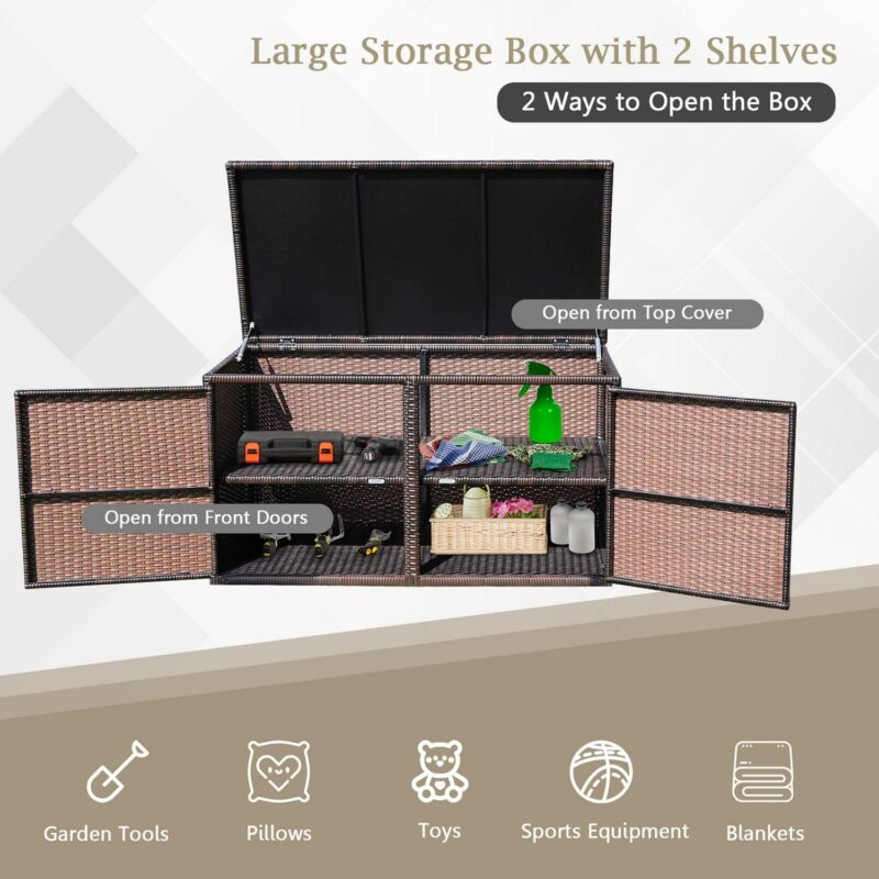 Gymax 88 Outdoor Gallon Rattan Storage Box Patio Container Seat w/ Door Brown - Image 8