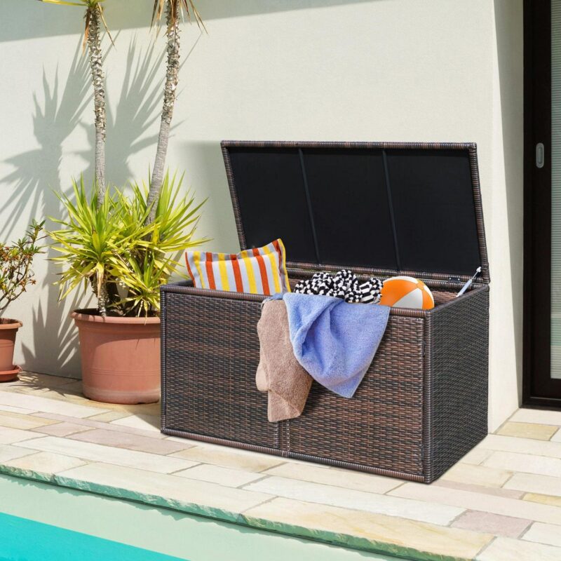 Gymax 88 Outdoor Gallon Rattan Storage Box Patio Container Seat w/ Door Brown - Image 6