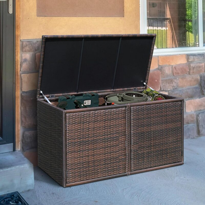 Gymax 88 Outdoor Gallon Rattan Storage Box Patio Container Seat w/ Door Brown - Image 7