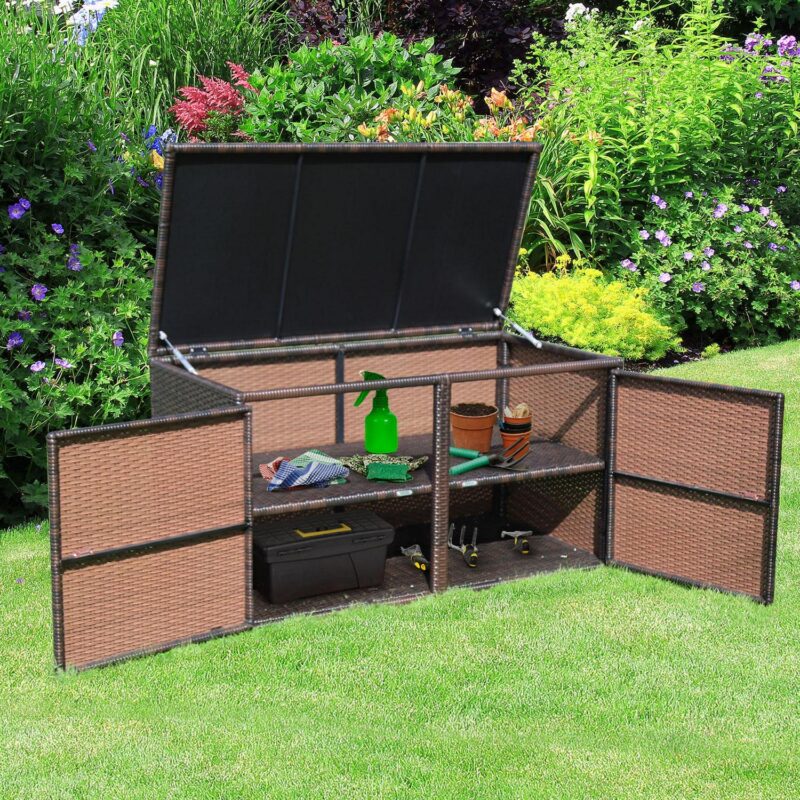 Gymax 88 Outdoor Gallon Rattan Storage Box Patio Container Seat w/ Door Brown - Image 5