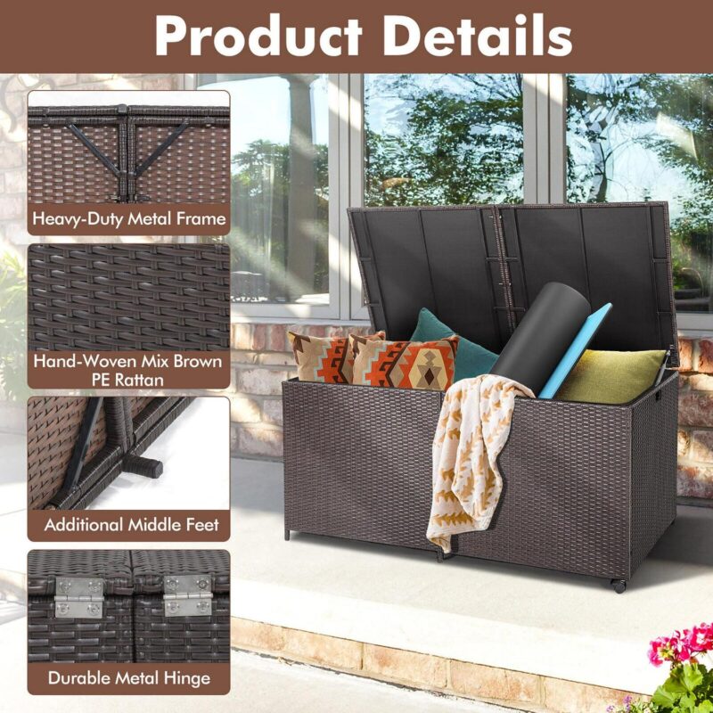 Gymax Patio 175 Gallon Rattan Wicker Storage Deck Box Container Wheels w/ Liner Garden - Image 9