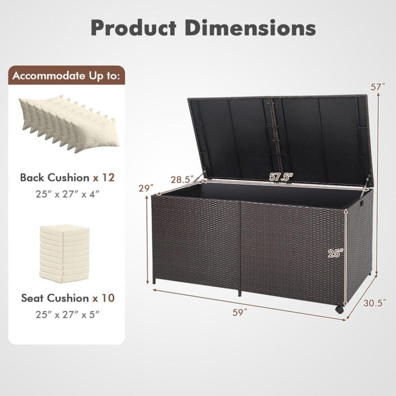 Gymax Patio 175 Gallon Rattan Wicker Storage Deck Box Container Wheels w/ Liner Garden - Image 2