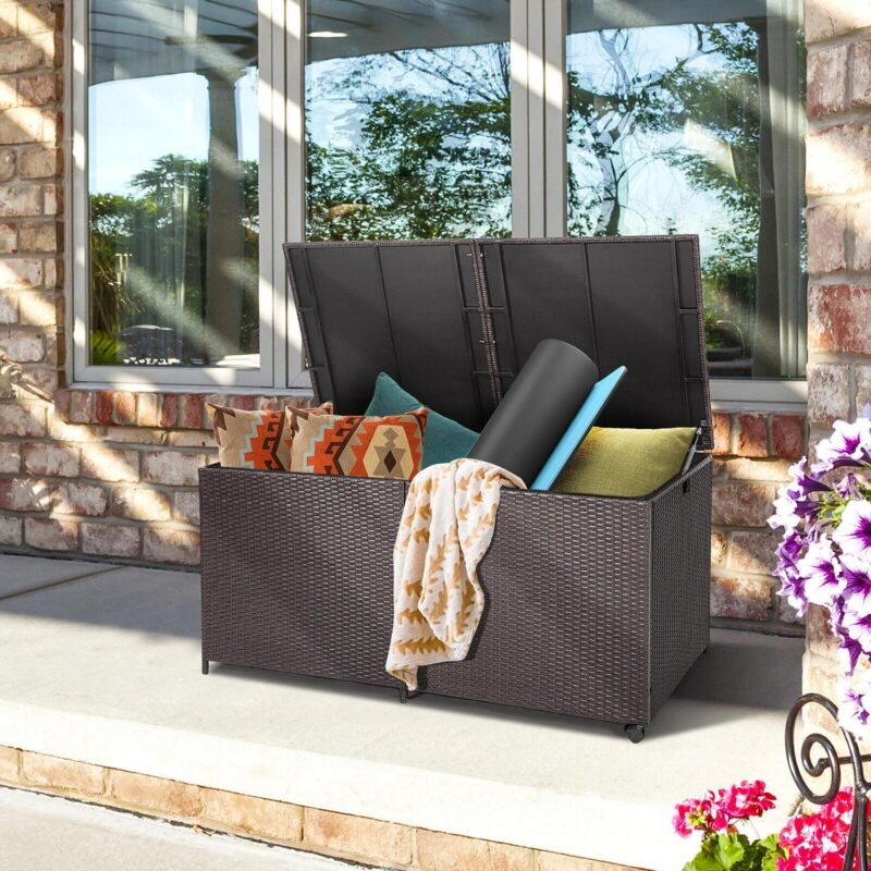 Gymax Patio 175 Gallon Rattan Wicker Storage Deck Box Container Wheels w/ Liner Garden - Image 4