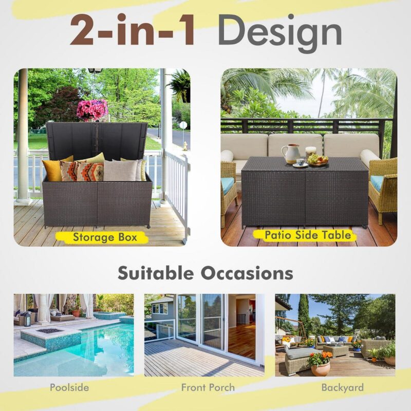 Gymax Patio 175 Gallon Rattan Wicker Storage Deck Box Container Wheels w/ Liner Garden - Image 8
