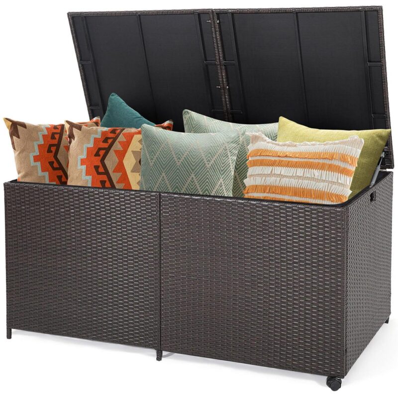 Gymax Patio 175 Gallon Rattan Wicker Storage Deck Box Container Wheels w/ Liner Garden