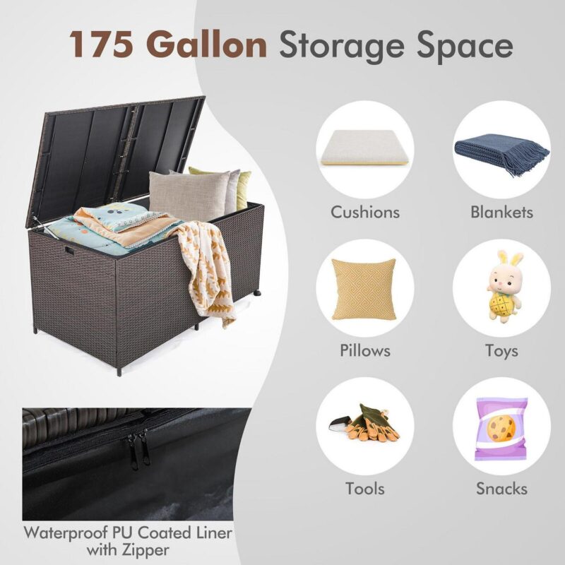 Gymax Patio 175 Gallon Rattan Wicker Storage Deck Box Container Wheels w/ Liner Garden - Image 5