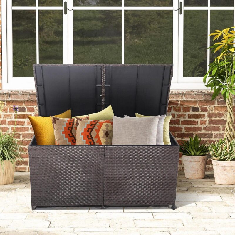 Gymax Patio 175 Gallon Rattan Wicker Storage Deck Box Container Wheels w/ Liner Garden - Image 3