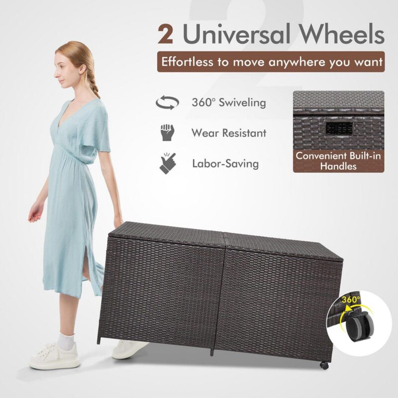 Gymax Patio 175 Gallon Rattan Wicker Storage Deck Box Container Wheels w/ Liner Garden - Image 6