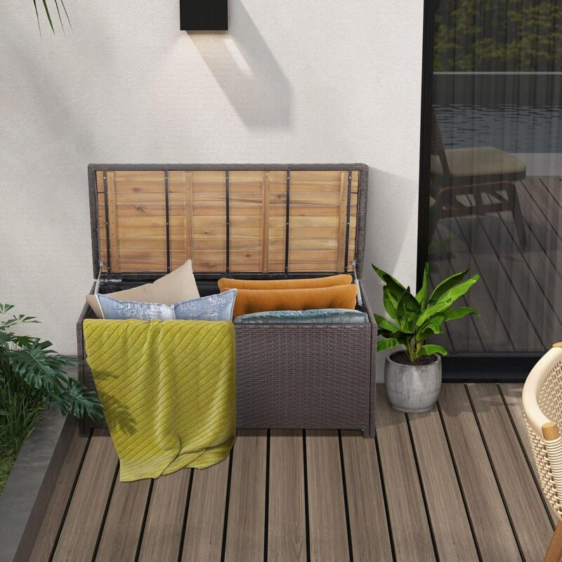 Gymax Patio Wicker Bench Deck Box w/ Acacia Wooden Seat Storage Bench Poolside Garden - Image 4
