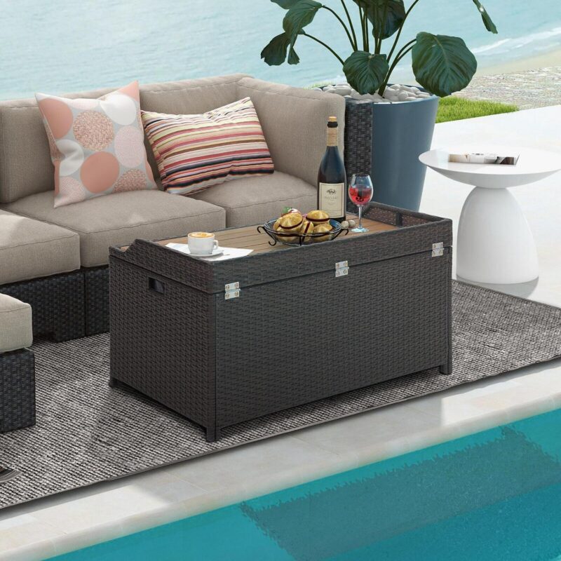 Gymax Patio Wicker Bench Deck Box w/ Acacia Wooden Seat Storage Bench Poolside Garden - Image 3
