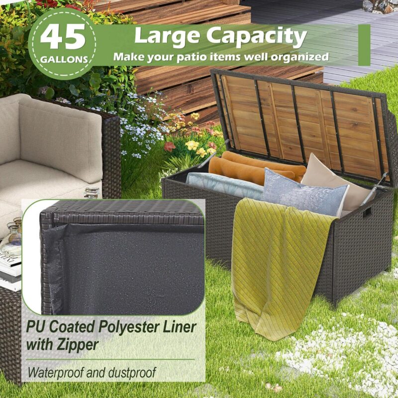 Gymax Patio Wicker Bench Deck Box w/ Acacia Wooden Seat Storage Bench Poolside Garden - Image 6