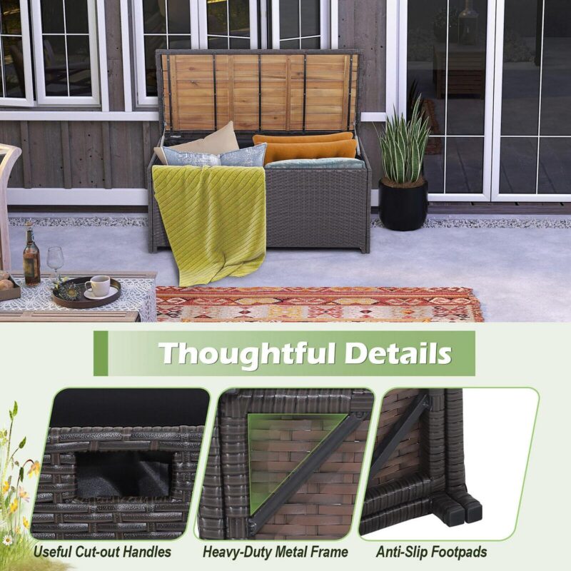 Gymax Patio Wicker Bench Deck Box w/ Acacia Wooden Seat Storage Bench Poolside Garden - Image 10