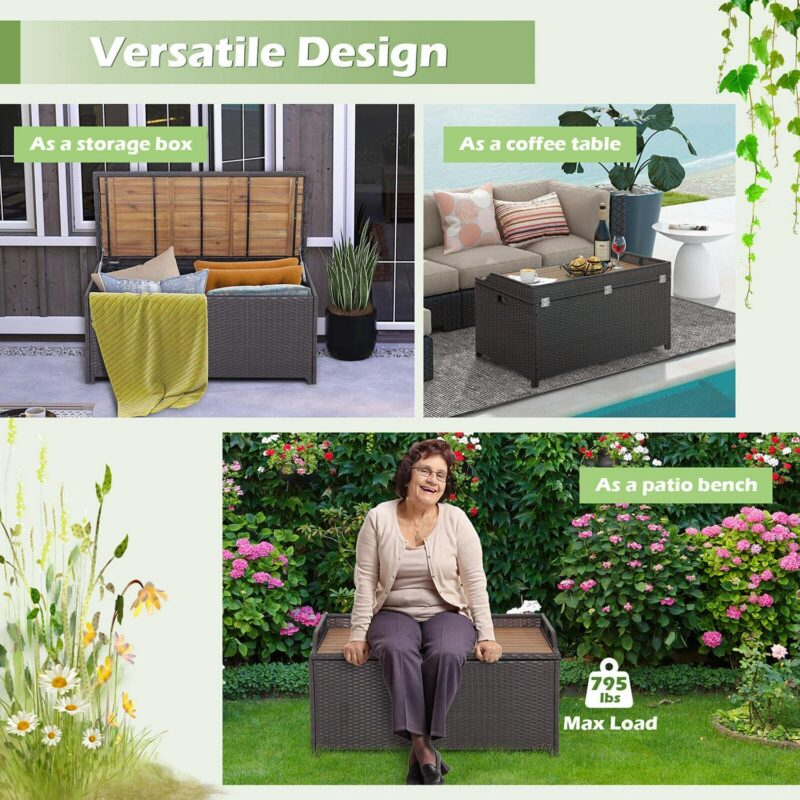 Gymax Patio Wicker Bench Deck Box w/ Acacia Wooden Seat Storage Bench Poolside Garden - Image 9