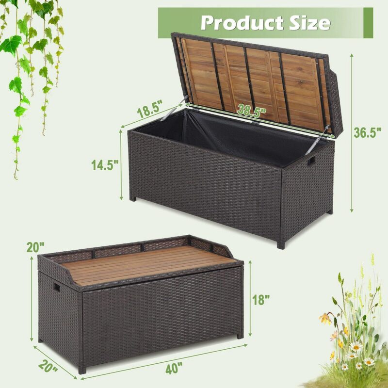Gymax Patio Wicker Bench Deck Box w/ Acacia Wooden Seat Storage Bench Poolside Garden - Image 2