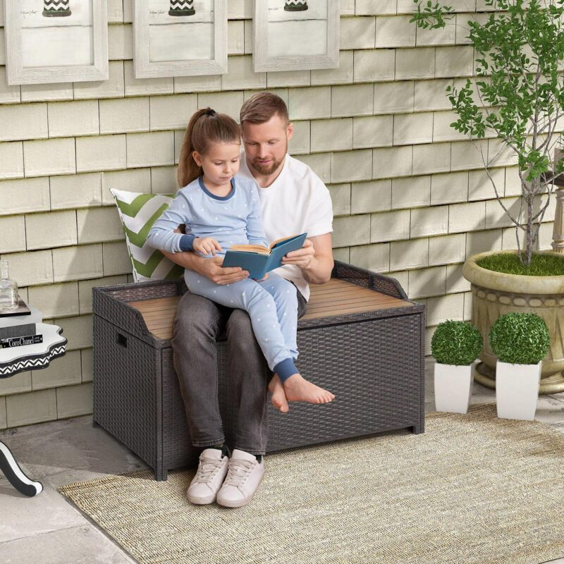 Gymax Patio Wicker Bench Deck Box w/ Acacia Wooden Seat Storage Bench Poolside Garden - Image 5
