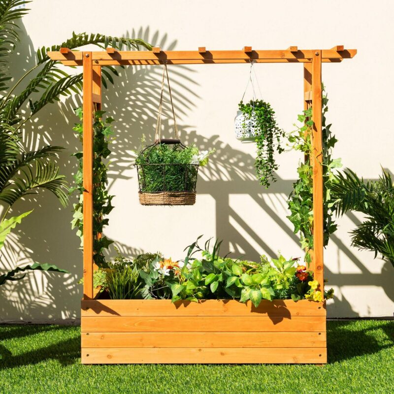 Gymax Raised Garden Bed Planter Box w/ Side and Top Trellis for Vine Climbing Plants - Image 4