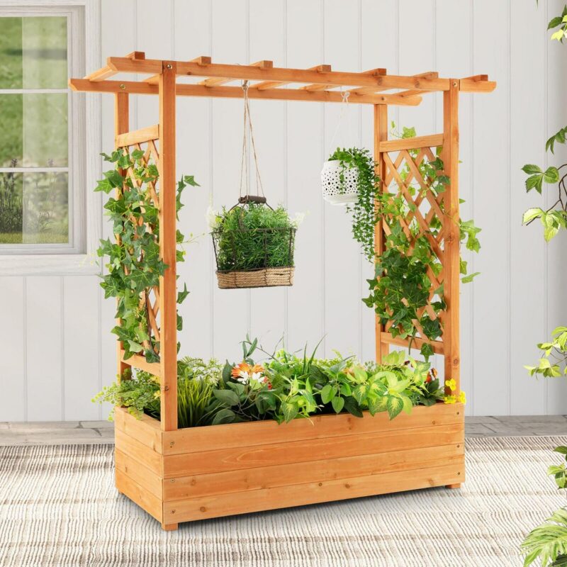 Gymax Raised Garden Bed Planter Box w/ Side and Top Trellis for Vine Climbing Plants - Image 3