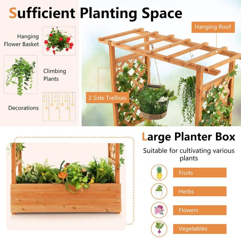 Gymax Raised Garden Bed Planter Box w/ Side and Top Trellis for Vine Climbing Plants - Image 6