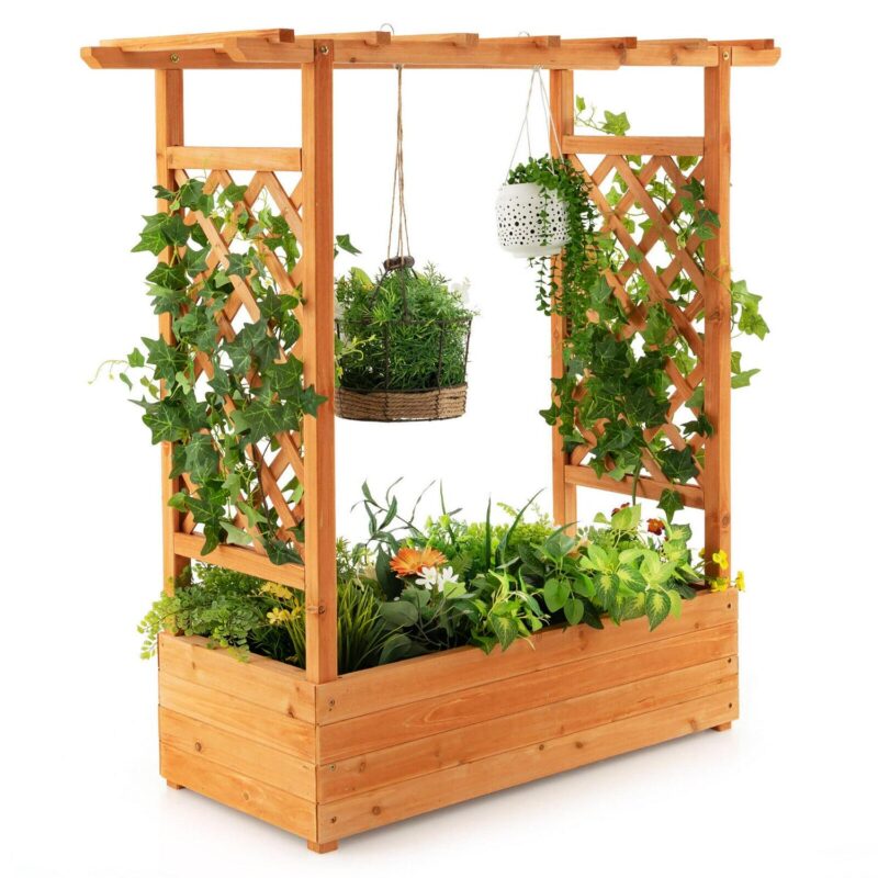 Gymax Raised Garden Bed Planter Box w/ Side and Top Trellis for Vine Climbing Plants