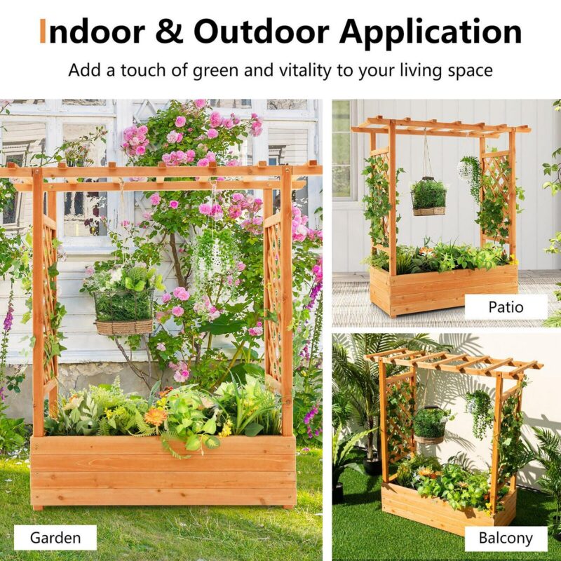 Gymax Raised Garden Bed Planter Box w/ Side and Top Trellis for Vine Climbing Plants - Image 8