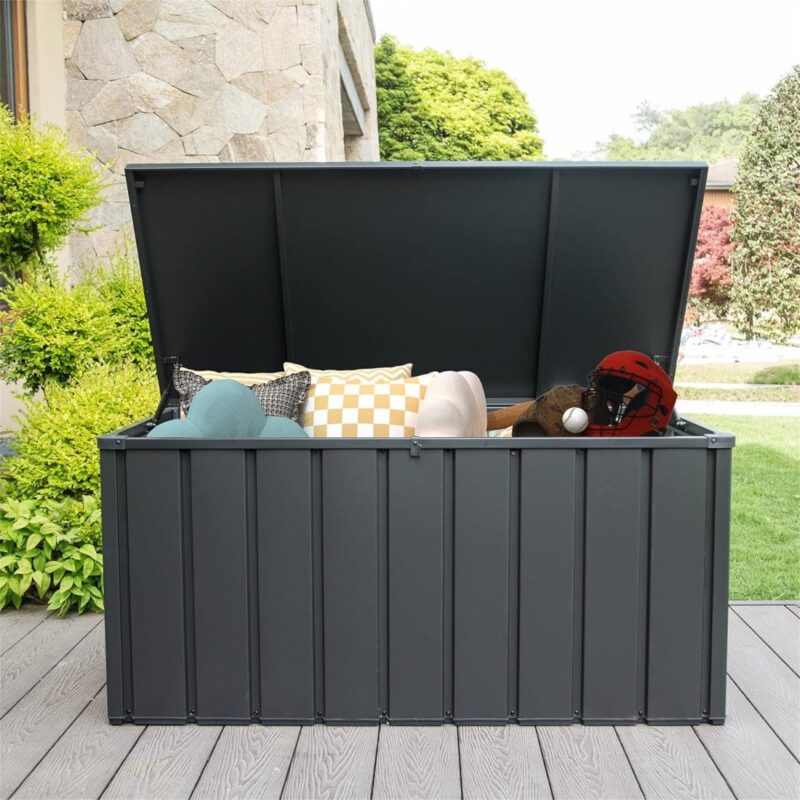 Gzxs 120 Gallon Rainproof Outdoor Storage Box, Outside Metal Deck Storage Bin for Patio Cushions, Garden Tools, Toys and Sports Pools Equipment (Dark Gray) - Image 7