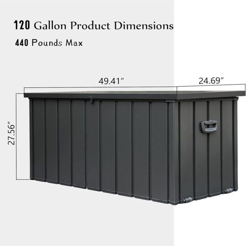 Gzxs 120 Gallon Rainproof Outdoor Storage Box, Outside Metal Deck Storage Bin for Patio Cushions, Garden Tools, Toys and Sports Pools Equipment (Dark Gray) - Image 6