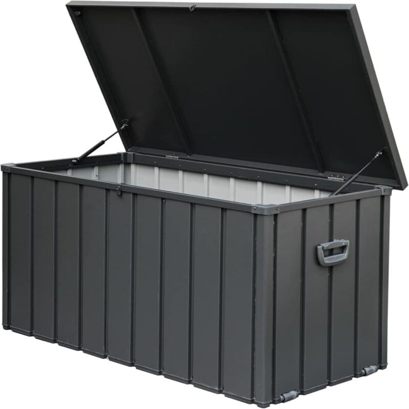 Gzxs 120 Gallon Rainproof Outdoor Storage Box, Outside Metal Deck Storage Bin for Patio Cushions, Garden Tools, Toys and Sports Pools Equipment (Dark Gray)
