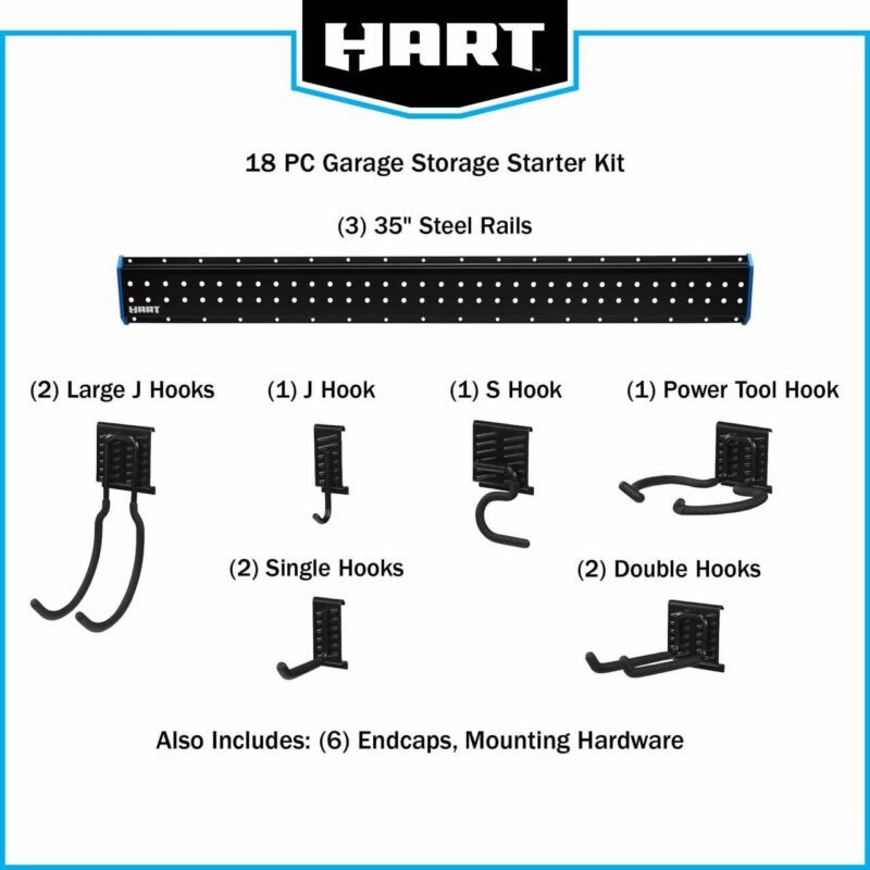 HART 18-Piece Garage Storage Rail Starter Kit, Compatible with HART Storage and Standard Peg Hooks, New Condition - Image 9