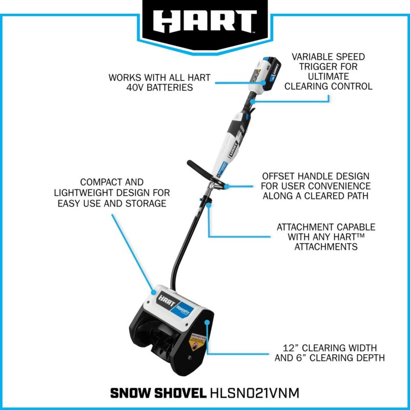HART 40-Volt 12-inch Single Stage Battery-Powered Snow Shovel Kit, (1) 4.0Ah Lithium-Ion Battery - Image 10