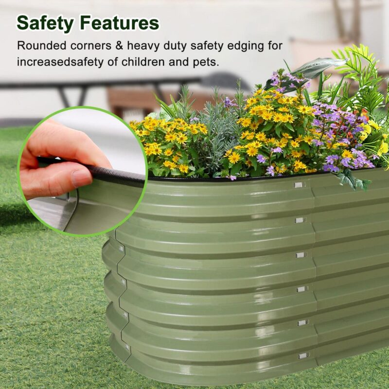 HOOFUN 8ft X 2ft Raised Garden Bed, 17  Tall 9 in 1 Metal Garden Raised Kits, Oval Planter Box Outdoor for Vegetables Flowers- Olive Green - Image 5