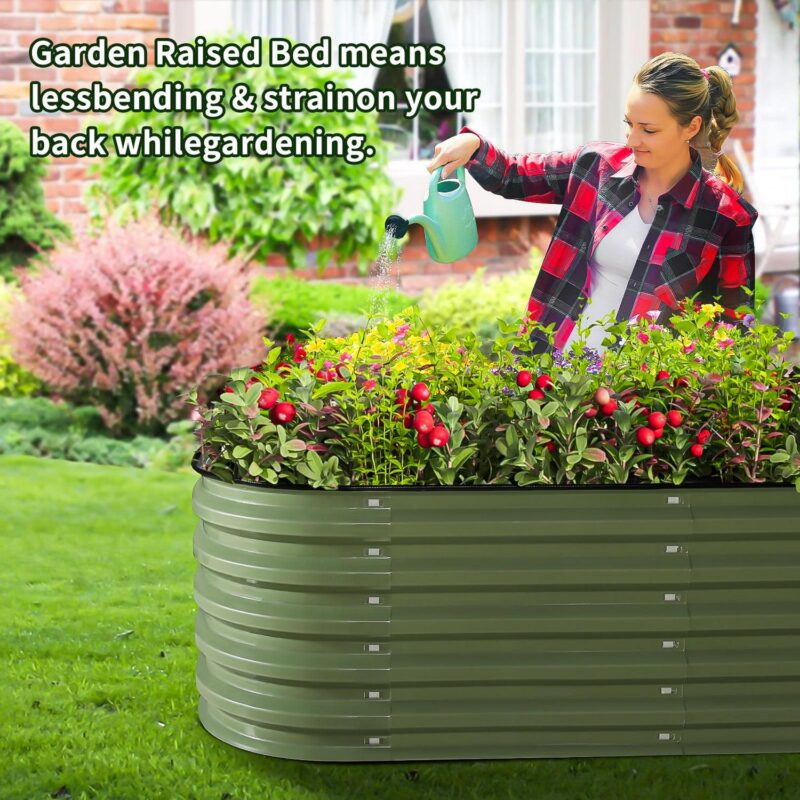 HOOFUN 8ft X 2ft Raised Garden Bed, 17  Tall 9 in 1 Metal Garden Raised Kits, Oval Planter Box Outdoor for Vegetables Flowers- Olive Green - Image 2