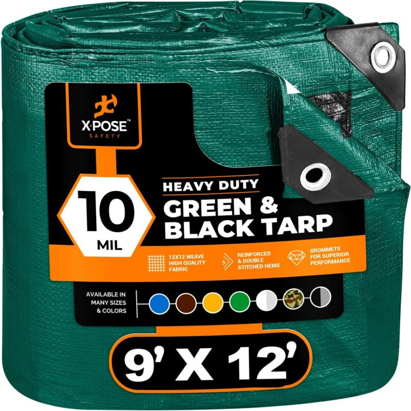 Heavy Duty Poly Tarp 9 Feet x 12 Feet 10 Mil Thick Waterproof, UV Blocking Protective Cover - Reversible Green and Black - Laminated Coating - Rustproof Grommets - by Xpose Safety
