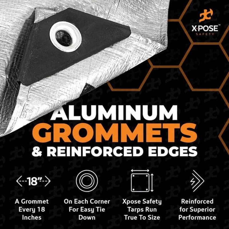 Heavy Duty Poly Tarp - 9' x 12' - 10 Mil Thick Waterproof, UV Blocking Protective Cover - Reversible Silver and Black - Laminated Coating - Rustproof Grommets - by Xpose Safety - Image 3