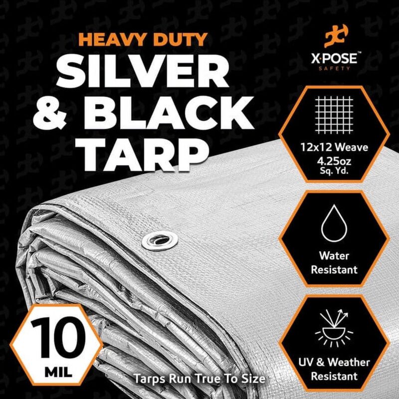 Heavy Duty Poly Tarp - 9' x 12' - 10 Mil Thick Waterproof, UV Blocking Protective Cover - Reversible Silver and Black - Laminated Coating - Rustproof Grommets - by Xpose Safety - Image 2