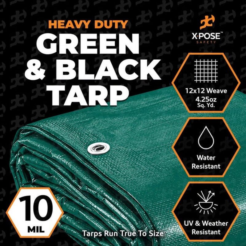 Heavy Duty Poly Tarp 9 Feet x 12 Feet 10 Mil Thick Waterproof, UV Blocking Protective Cover - Reversible Green and Black - Laminated Coating - Rustproof Grommets - by Xpose Safety - Image 5