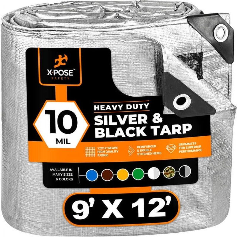 Heavy Duty Poly Tarp - 9' x 12' - 10 Mil Thick Waterproof, UV Blocking Protective Cover - Reversible Silver and Black - Laminated Coating - Rustproof Grommets - by Xpose Safety
