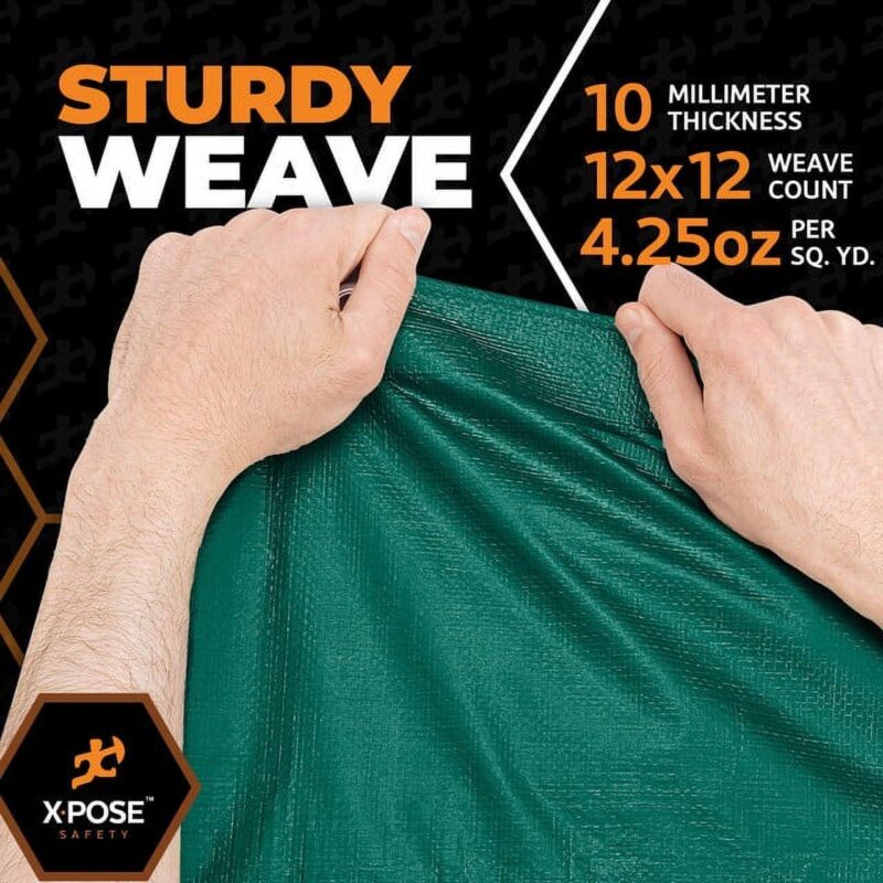 Heavy Duty Poly Tarp 9 Feet x 12 Feet 10 Mil Thick Waterproof, UV Blocking Protective Cover - Reversible Green and Black - Laminated Coating - Rustproof Grommets - by Xpose Safety - Image 2