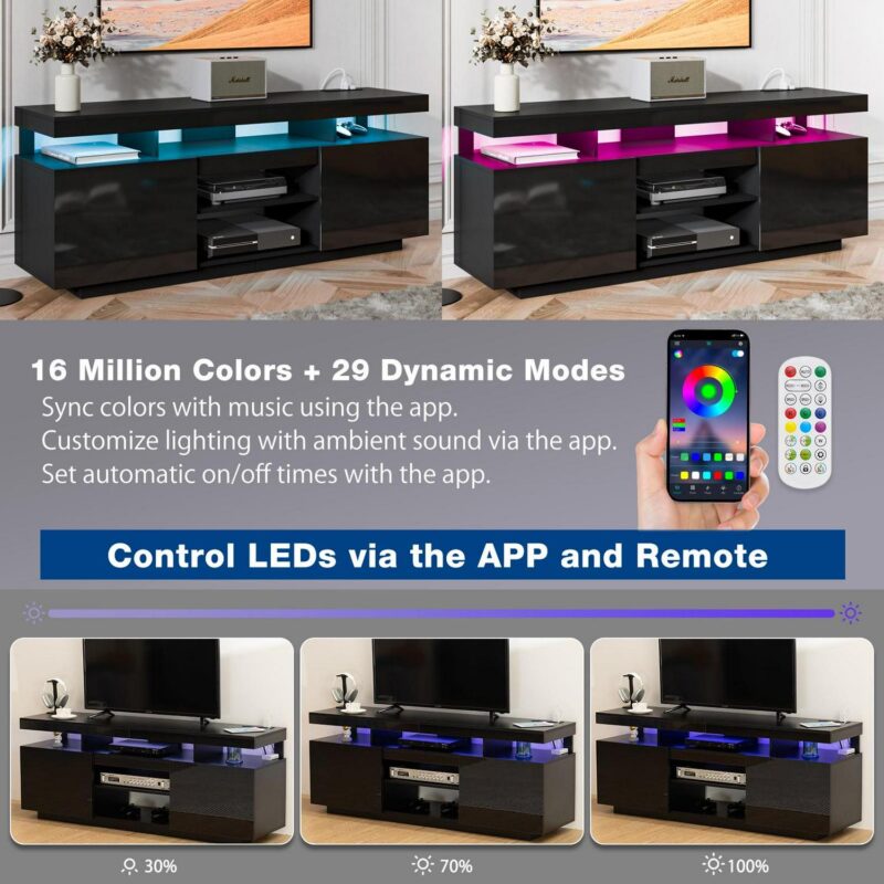 Hommpa LED TV Stand for TVs up to 70  with Power Outlets Modern Entertainment Center High Gloss Finish Adjustable Shelf PS5 Storage Gaming Media Console - Image 4