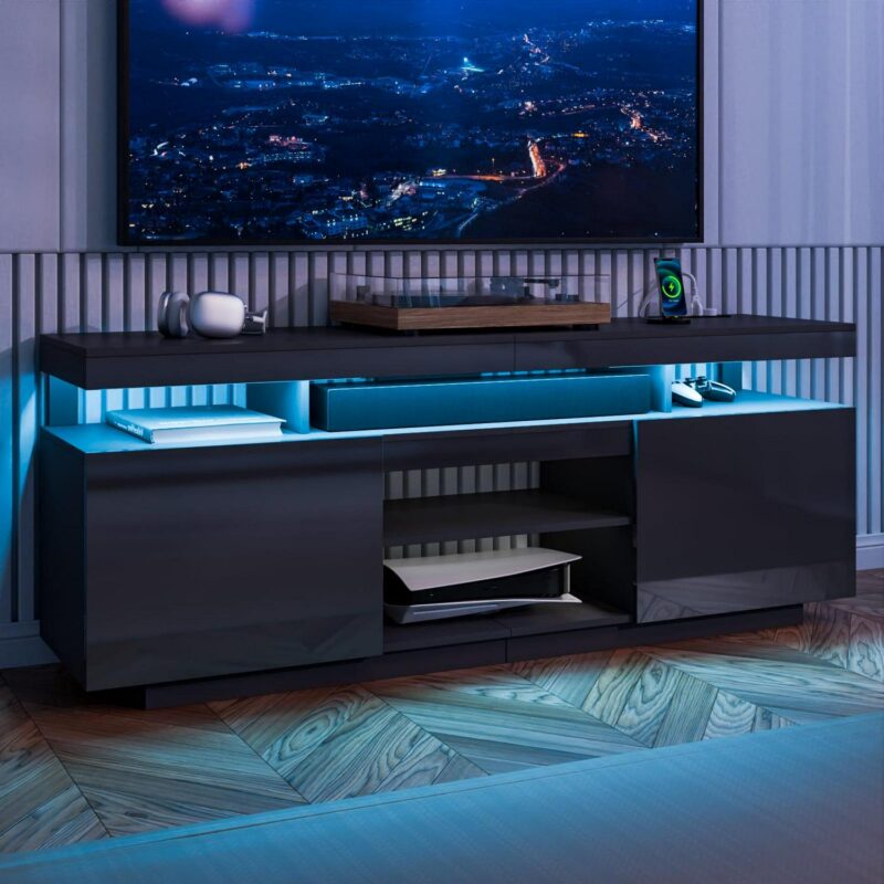 Hommpa LED TV Stand for TVs up to 70  with Power Outlets Modern Entertainment Center High Gloss Finish Adjustable Shelf PS5 Storage Gaming Media Console