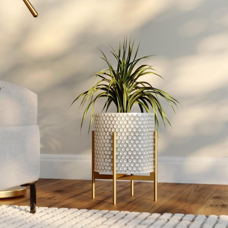 Honeycomb Mid-Century Modern Indoor Metal Pot Planter with 4-Leg Metal Base - 14.75  H x 11.75  W - Image 2